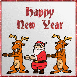 Tańczący Mikołaj i Renifery życzą Szczęśliwego Nowego Roku